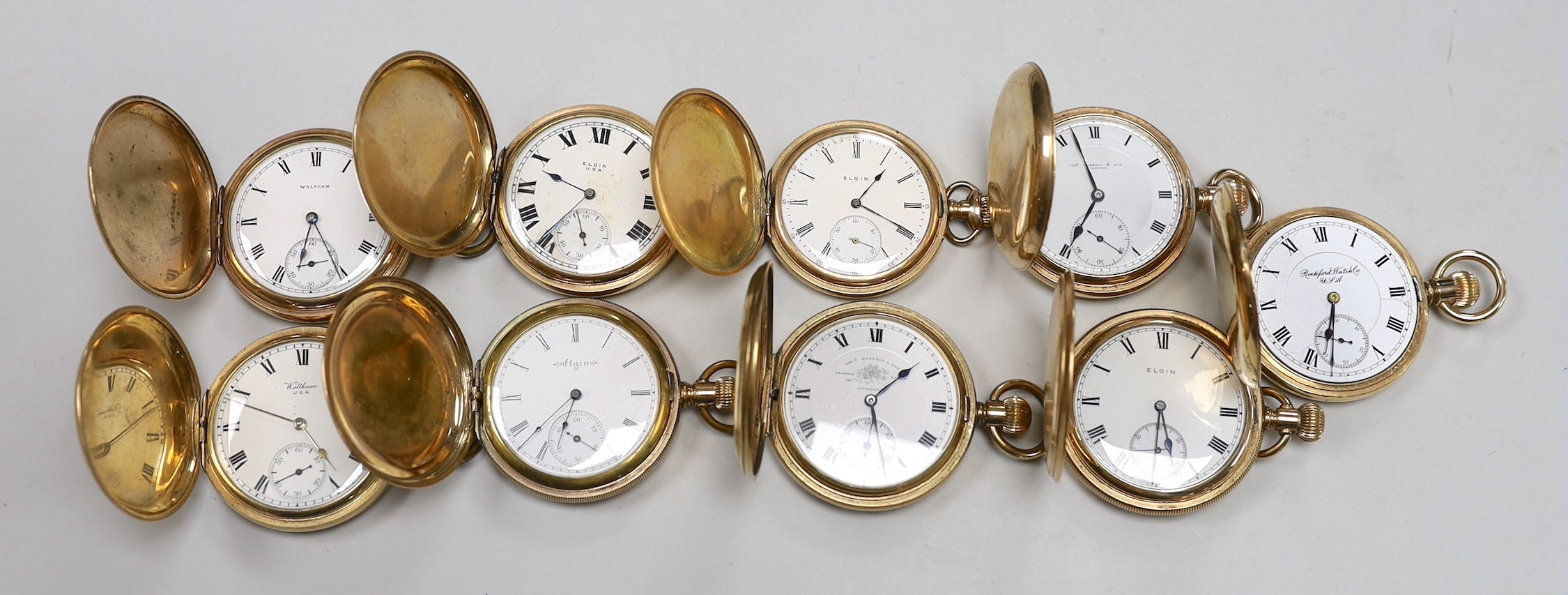 Nine assorted mainly late 19th/early 20th century gold plated hunter pocket watches including four Elgin, two Thomas Russell, two Waltham and one Rockford.